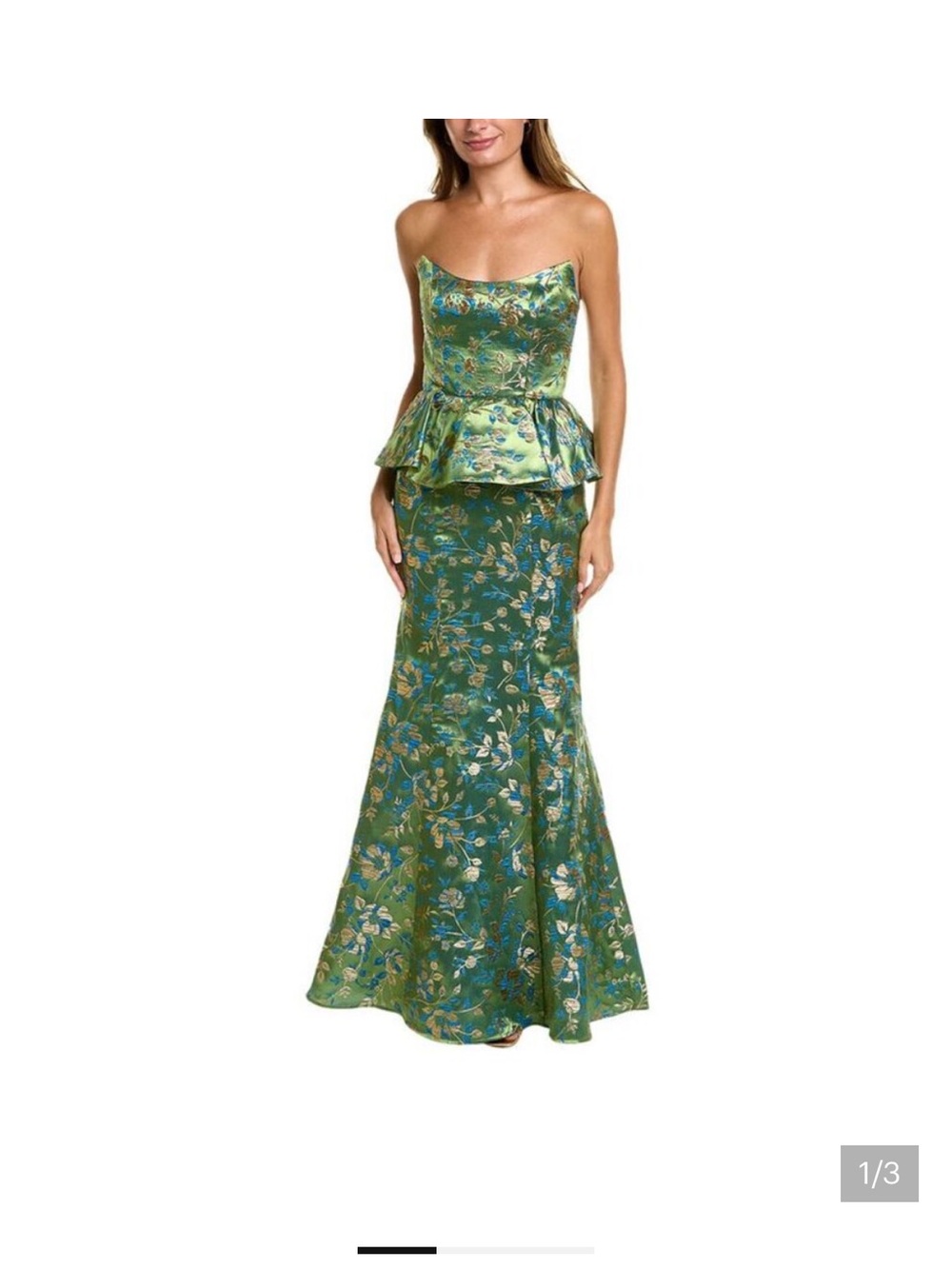 NWT Marchesa Notte Strapless Green Floral Jacquard Peplum gown size 4 or 6